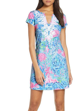 Tropical Print V-Neck Shift Dress in Blue & Pink Size XL